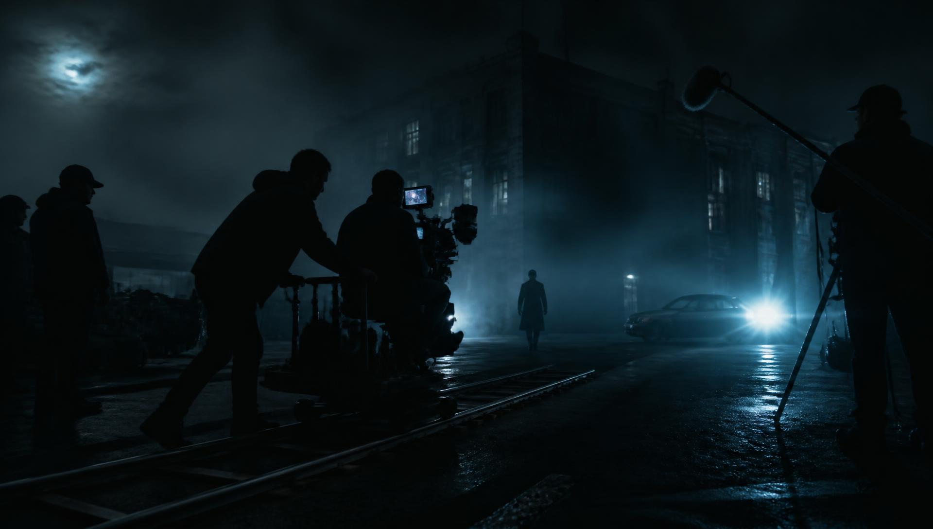 Film crew shooting a night scene on a cinema camera dolly
